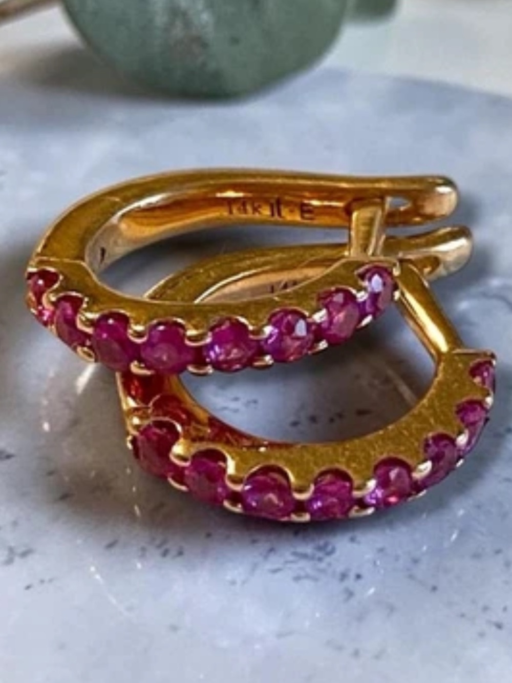 Beautiful 14k Yellow Gold Small Designer 10mm Ruby Huggie Hoop Earrings!